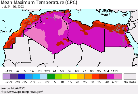 North Africa Mean Maximum Temperature (CPC) Thematic Map For 7/24/2023 - 7/30/2023