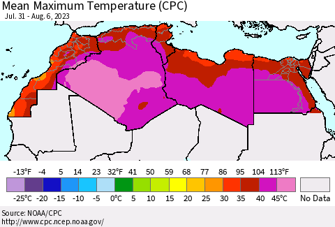 North Africa Mean Maximum Temperature (CPC) Thematic Map For 7/31/2023 - 8/6/2023