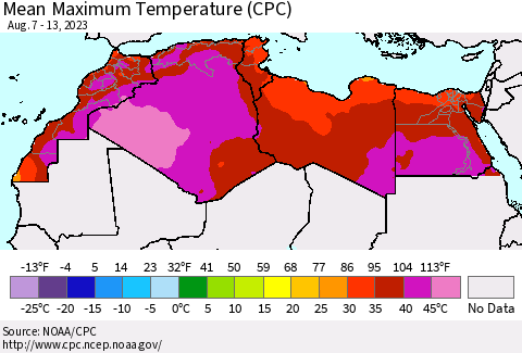 North Africa Mean Maximum Temperature (CPC) Thematic Map For 8/7/2023 - 8/13/2023