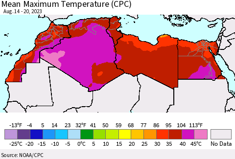 North Africa Mean Maximum Temperature (CPC) Thematic Map For 8/14/2023 - 8/20/2023