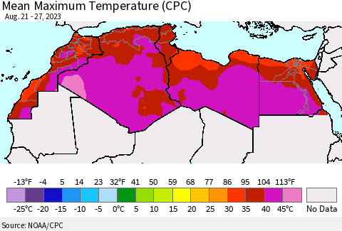 North Africa Mean Maximum Temperature (CPC) Thematic Map For 8/21/2023 - 8/27/2023