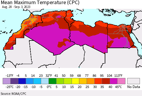 North Africa Mean Maximum Temperature (CPC) Thematic Map For 8/28/2023 - 9/3/2023