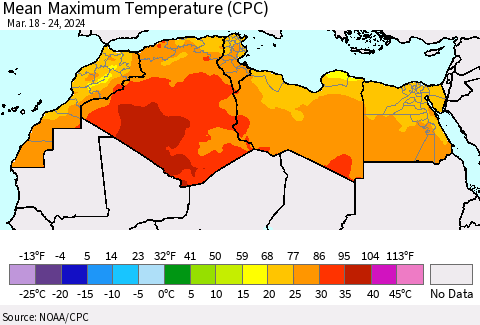 North Africa Mean Maximum Temperature (CPC) Thematic Map For 3/18/2024 - 3/24/2024