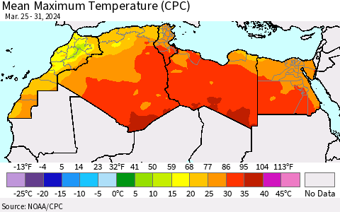 North Africa Mean Maximum Temperature (CPC) Thematic Map For 3/25/2024 - 3/31/2024