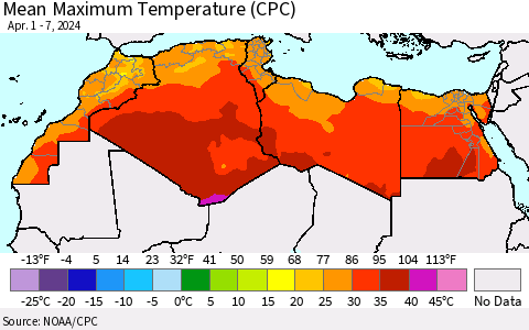 North Africa Mean Maximum Temperature (CPC) Thematic Map For 4/1/2024 - 4/7/2024
