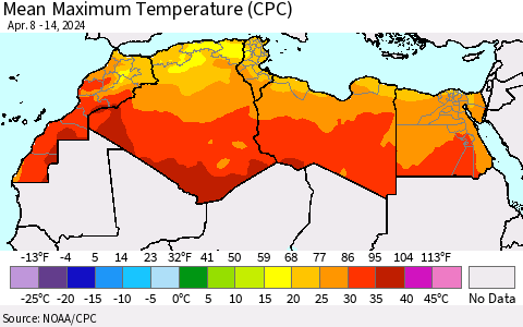 North Africa Mean Maximum Temperature (CPC) Thematic Map For 4/8/2024 - 4/14/2024