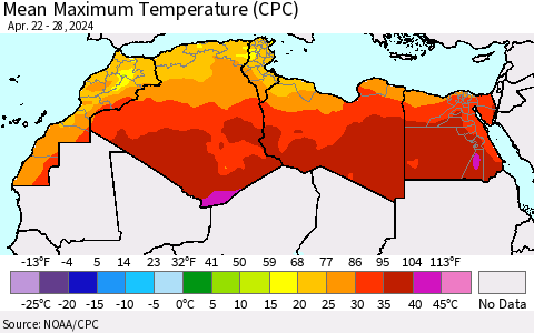 North Africa Mean Maximum Temperature (CPC) Thematic Map For 4/22/2024 - 4/28/2024