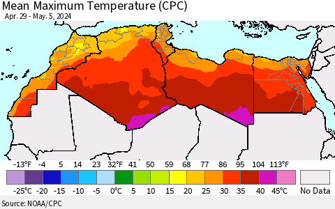North Africa Mean Maximum Temperature (CPC) Thematic Map For 4/29/2024 - 5/5/2024