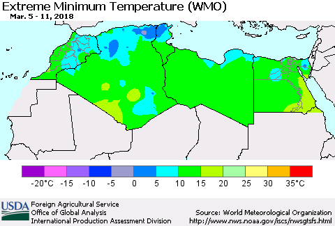 North Africa Minimum Daily Temperature (WMO) Thematic Map For 3/5/2018 - 3/11/2018