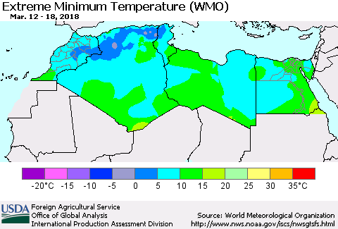 North Africa Minimum Daily Temperature (WMO) Thematic Map For 3/12/2018 - 3/18/2018