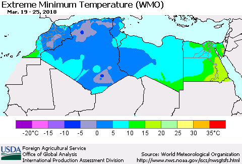 North Africa Minimum Daily Temperature (WMO) Thematic Map For 3/19/2018 - 3/25/2018