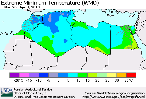 North Africa Minimum Daily Temperature (WMO) Thematic Map For 3/26/2018 - 4/1/2018