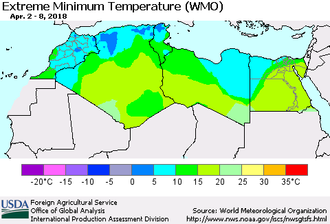 North Africa Minimum Daily Temperature (WMO) Thematic Map For 4/2/2018 - 4/8/2018