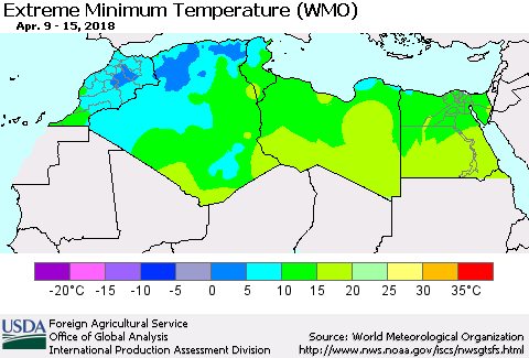 North Africa Minimum Daily Temperature (WMO) Thematic Map For 4/9/2018 - 4/15/2018