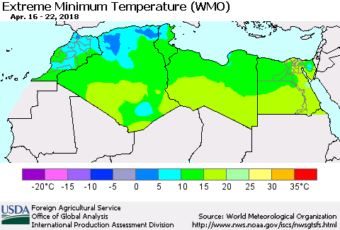 North Africa Minimum Daily Temperature (WMO) Thematic Map For 4/16/2018 - 4/22/2018