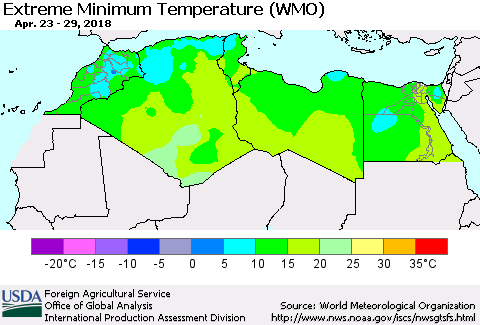 North Africa Minimum Daily Temperature (WMO) Thematic Map For 4/23/2018 - 4/29/2018