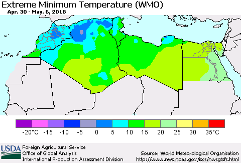 North Africa Minimum Daily Temperature (WMO) Thematic Map For 4/30/2018 - 5/6/2018