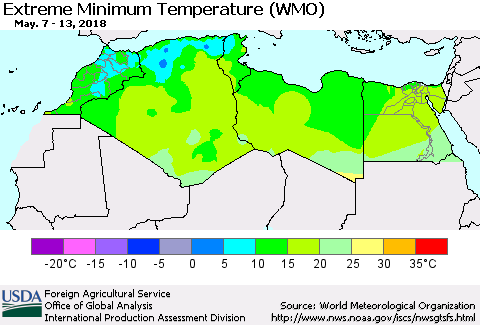 North Africa Minimum Daily Temperature (WMO) Thematic Map For 5/7/2018 - 5/13/2018