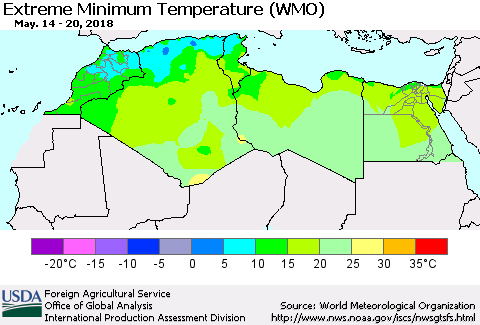 North Africa Minimum Daily Temperature (WMO) Thematic Map For 5/14/2018 - 5/20/2018