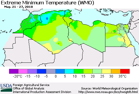 North Africa Minimum Daily Temperature (WMO) Thematic Map For 5/21/2018 - 5/27/2018