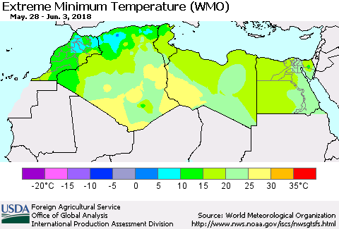 North Africa Minimum Daily Temperature (WMO) Thematic Map For 5/28/2018 - 6/3/2018