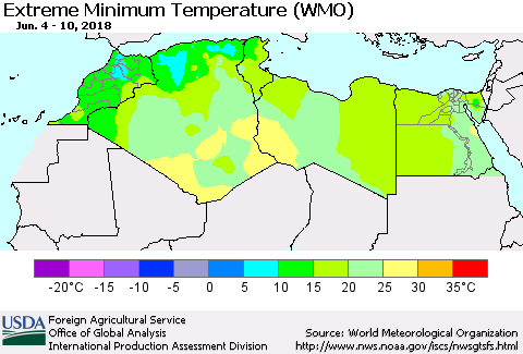 North Africa Minimum Daily Temperature (WMO) Thematic Map For 6/4/2018 - 6/10/2018