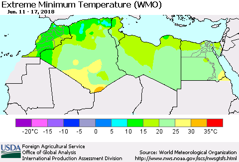 North Africa Minimum Daily Temperature (WMO) Thematic Map For 6/11/2018 - 6/17/2018
