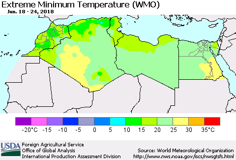North Africa Minimum Daily Temperature (WMO) Thematic Map For 6/18/2018 - 6/24/2018