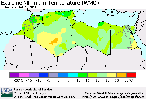 North Africa Minimum Daily Temperature (WMO) Thematic Map For 6/25/2018 - 7/1/2018