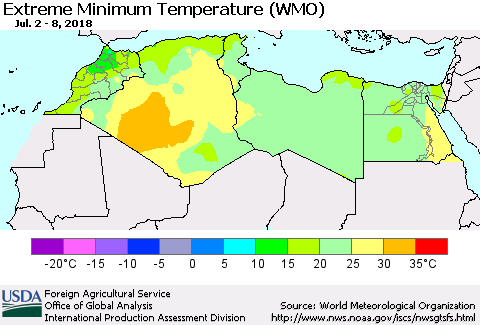North Africa Minimum Daily Temperature (WMO) Thematic Map For 7/2/2018 - 7/8/2018