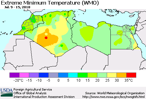 North Africa Minimum Daily Temperature (WMO) Thematic Map For 7/9/2018 - 7/15/2018