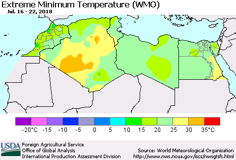 North Africa Minimum Daily Temperature (WMO) Thematic Map For 7/16/2018 - 7/22/2018