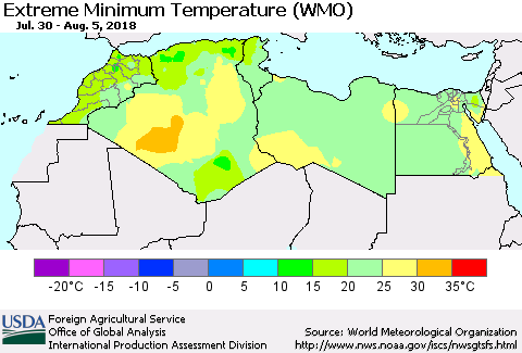 North Africa Minimum Daily Temperature (WMO) Thematic Map For 7/30/2018 - 8/5/2018
