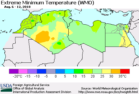 North Africa Minimum Daily Temperature (WMO) Thematic Map For 8/6/2018 - 8/12/2018