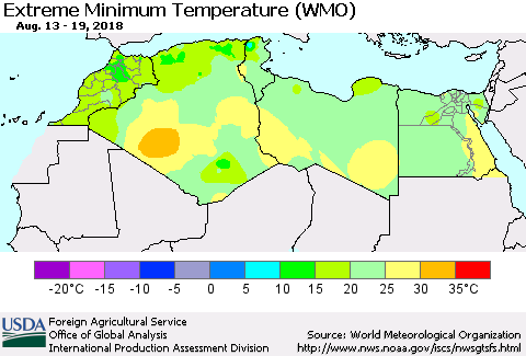North Africa Minimum Daily Temperature (WMO) Thematic Map For 8/13/2018 - 8/19/2018