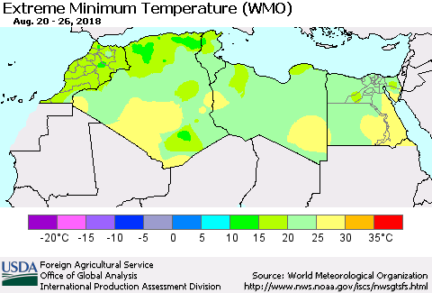 North Africa Minimum Daily Temperature (WMO) Thematic Map For 8/20/2018 - 8/26/2018