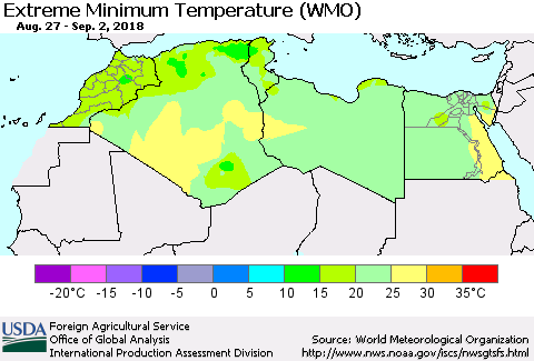 North Africa Minimum Daily Temperature (WMO) Thematic Map For 8/27/2018 - 9/2/2018