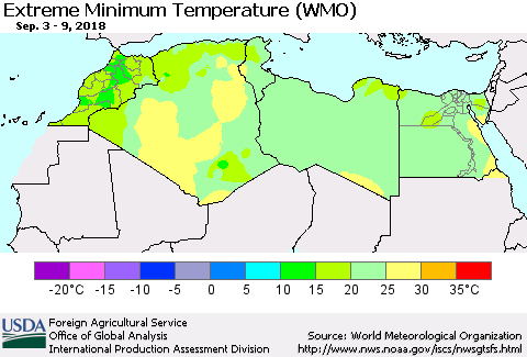 North Africa Minimum Daily Temperature (WMO) Thematic Map For 9/3/2018 - 9/9/2018