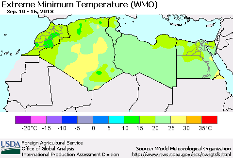 North Africa Minimum Daily Temperature (WMO) Thematic Map For 9/10/2018 - 9/16/2018