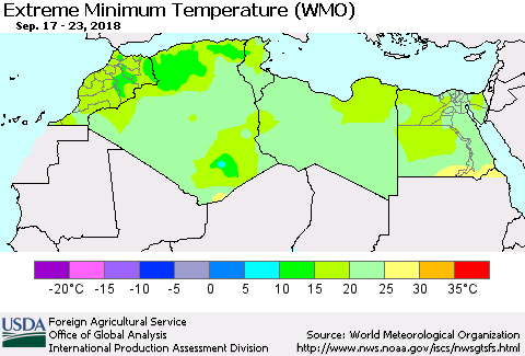 North Africa Minimum Daily Temperature (WMO) Thematic Map For 9/17/2018 - 9/23/2018