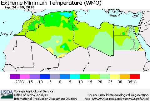 North Africa Minimum Daily Temperature (WMO) Thematic Map For 9/24/2018 - 9/30/2018