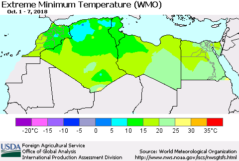 North Africa Minimum Daily Temperature (WMO) Thematic Map For 10/1/2018 - 10/7/2018