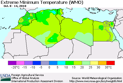 North Africa Minimum Daily Temperature (WMO) Thematic Map For 10/8/2018 - 10/14/2018