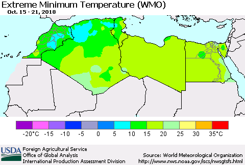 North Africa Minimum Daily Temperature (WMO) Thematic Map For 10/15/2018 - 10/21/2018