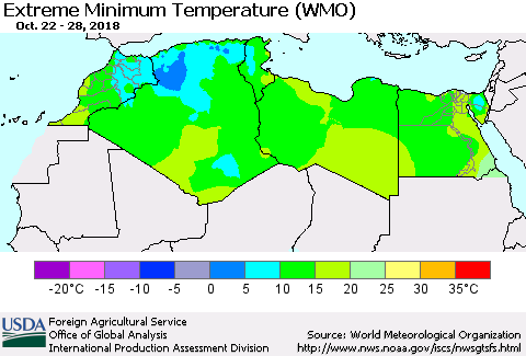 North Africa Minimum Daily Temperature (WMO) Thematic Map For 10/22/2018 - 10/28/2018