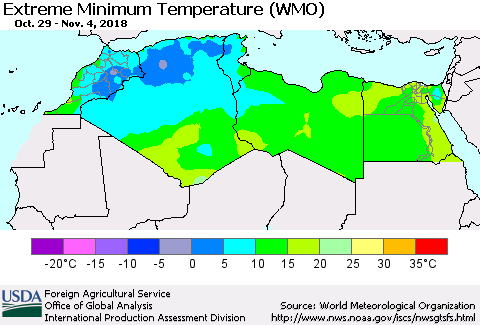 North Africa Minimum Daily Temperature (WMO) Thematic Map For 10/29/2018 - 11/4/2018