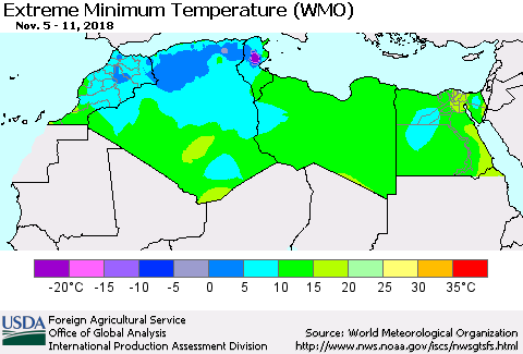 North Africa Minimum Daily Temperature (WMO) Thematic Map For 11/5/2018 - 11/11/2018