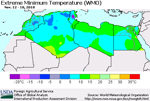 North Africa Minimum Daily Temperature (WMO) Thematic Map For 11/12/2018 - 11/18/2018