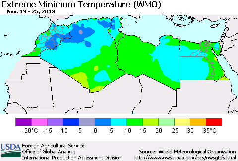 North Africa Minimum Daily Temperature (WMO) Thematic Map For 11/19/2018 - 11/25/2018