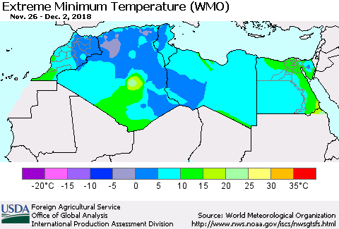 North Africa Minimum Daily Temperature (WMO) Thematic Map For 11/26/2018 - 12/2/2018
